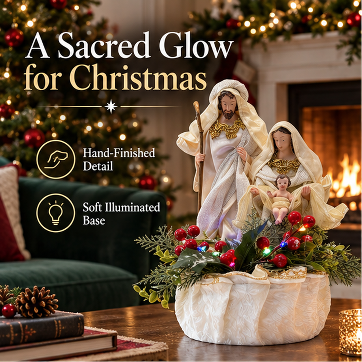 White Holy Family nativity in a premium Christmas living room