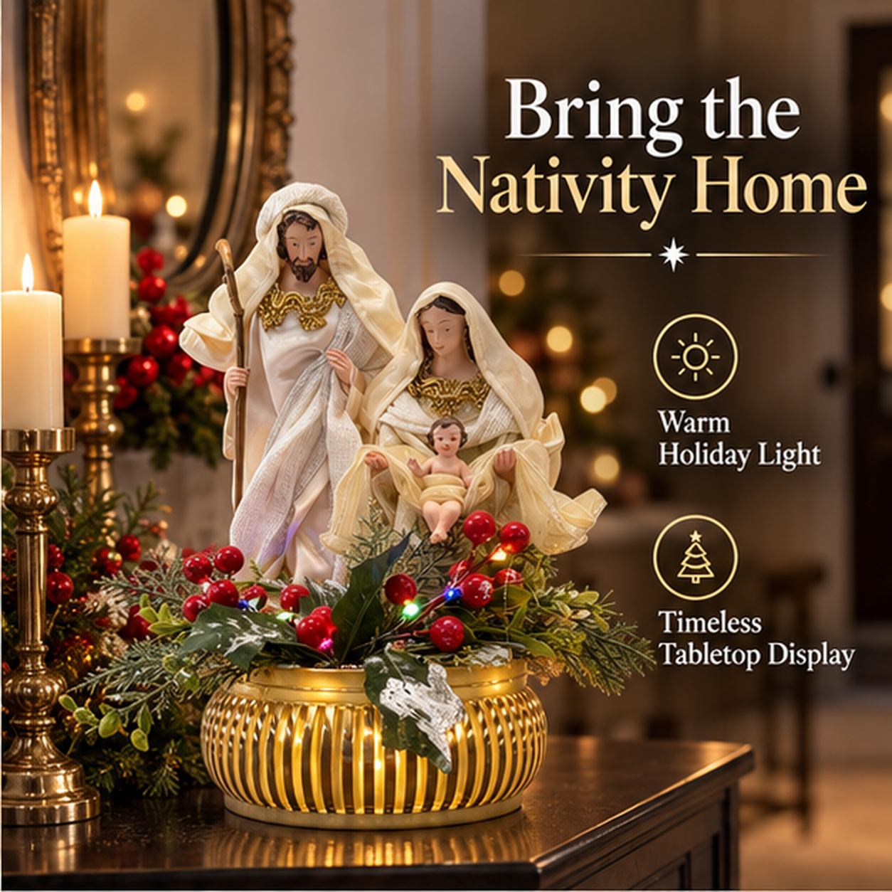 Gold Holy Family nativity on a refined Christmas entryway table