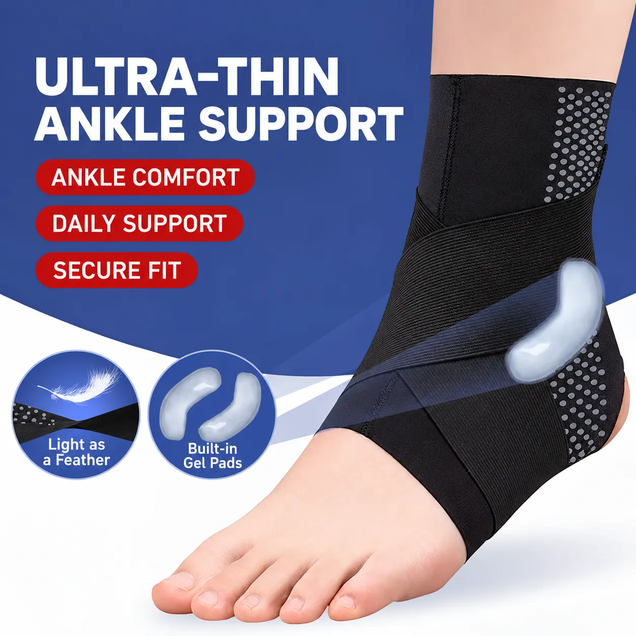 Ultra-Thin Ankle Support Brace with Gel Pads – Adjustable Compression Wrap for Everyday Comfort
