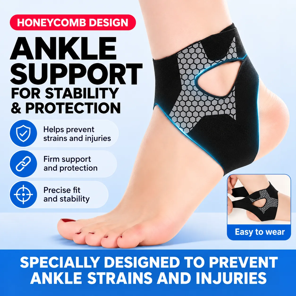 Adjustable Honeycomb Ankle Support Brace – Dual-Strap Stability & Comfortable Fit