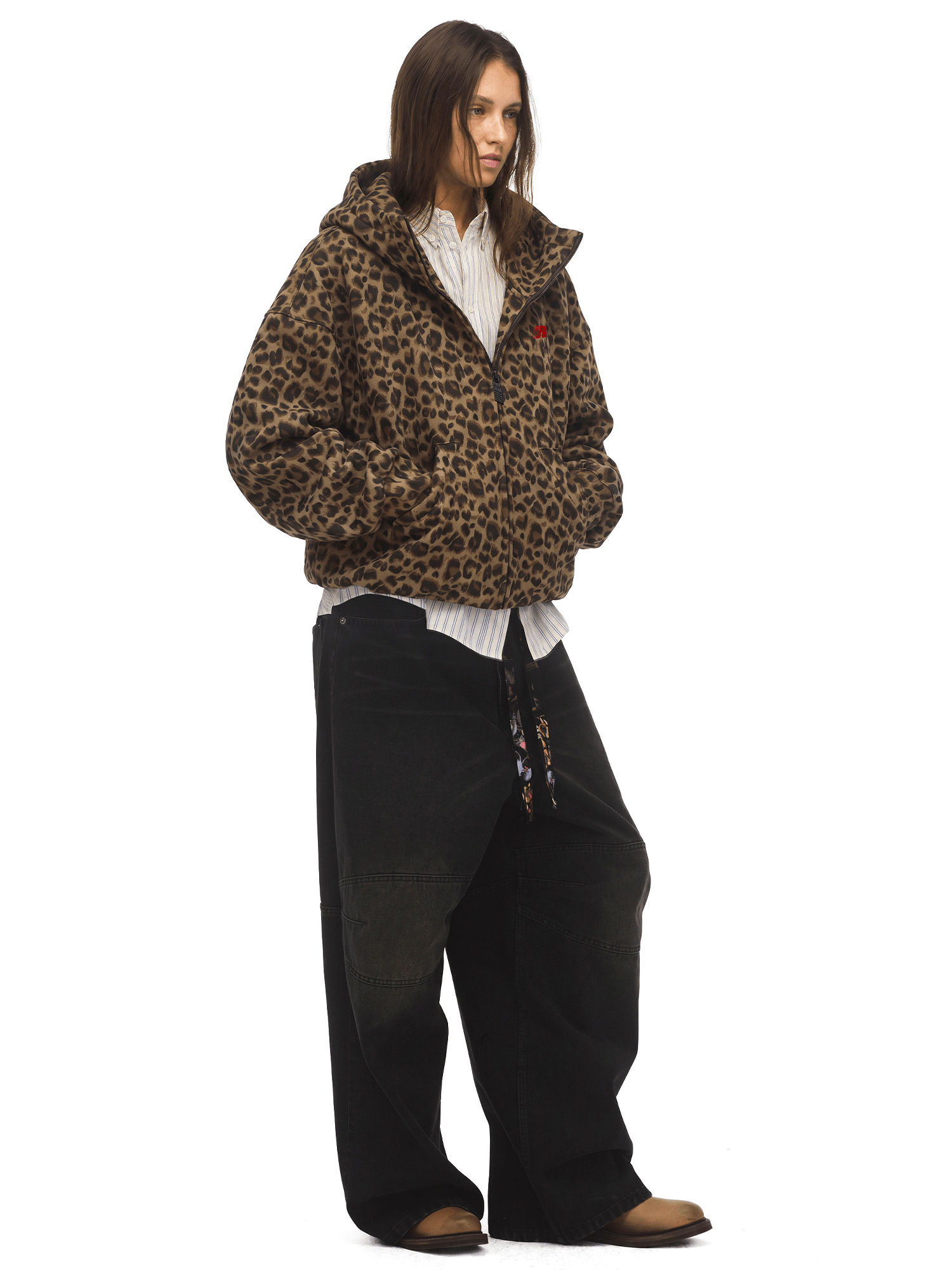 High-Neck Leopard Fleece Hoodie