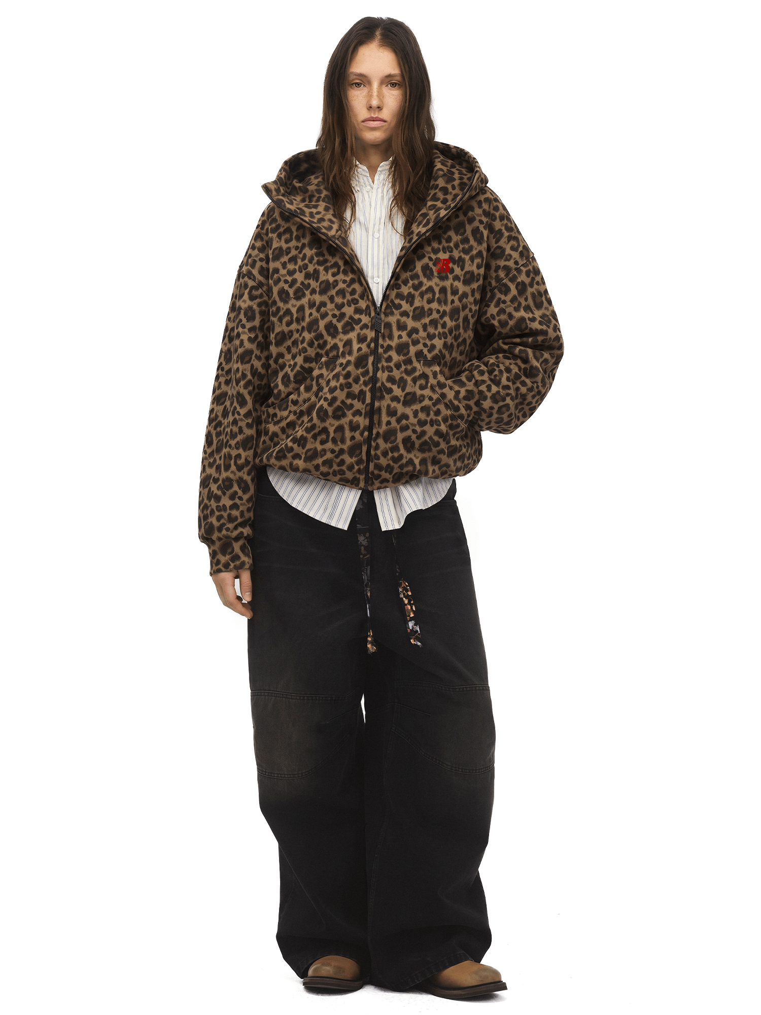 High-Neck Leopard Fleece Hoodie