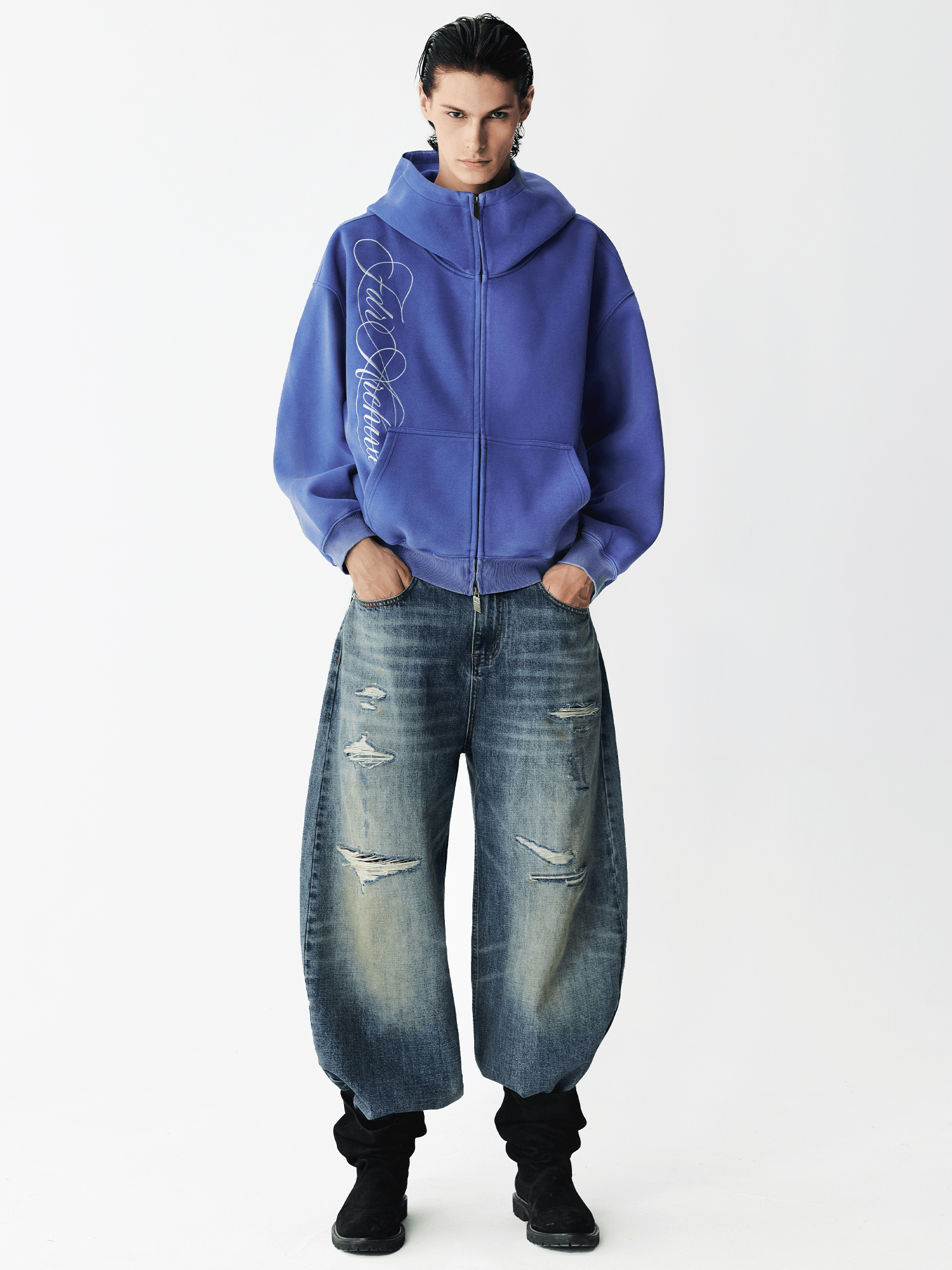 Washed Embroidery Zip Hoodie
