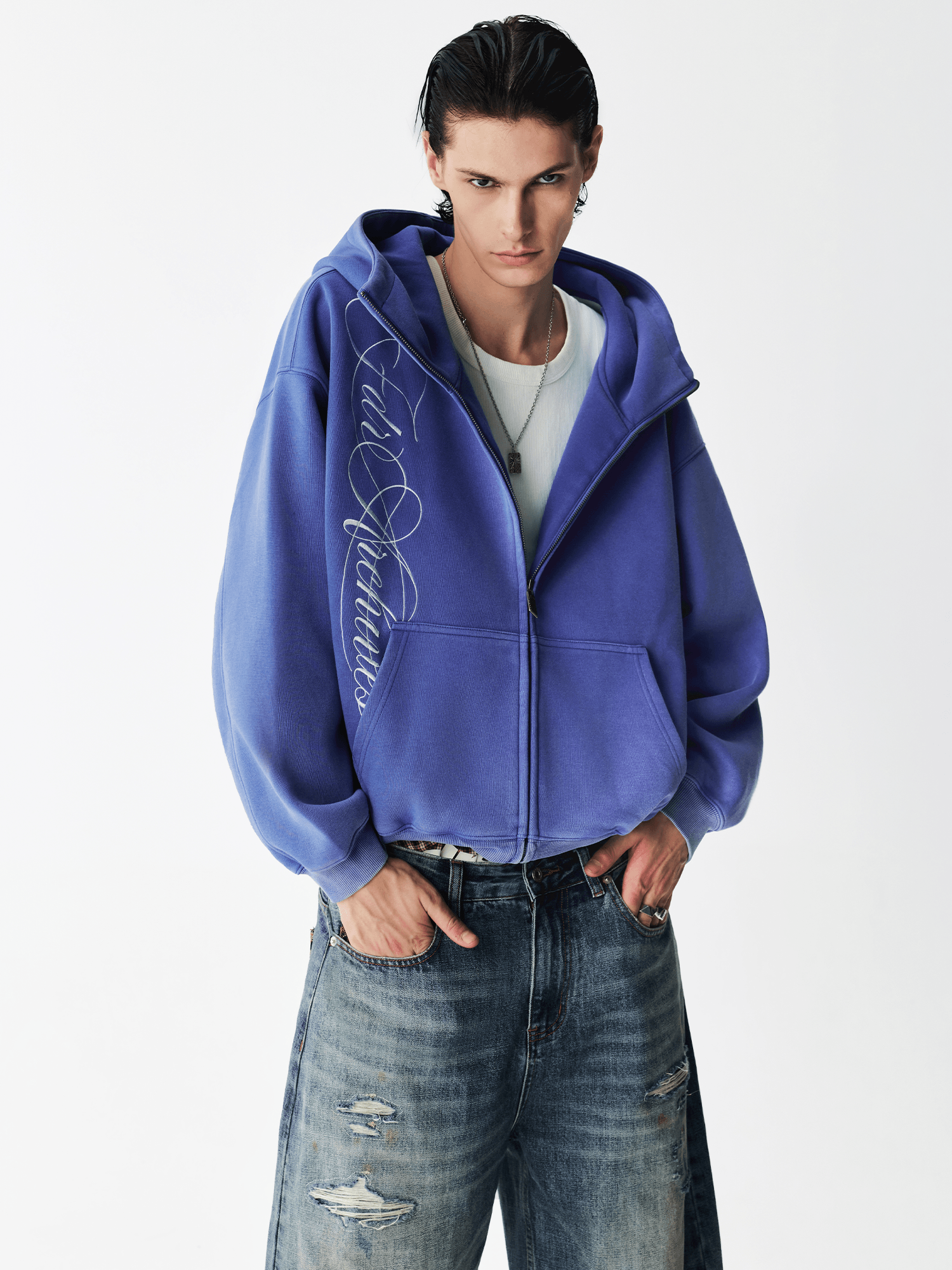 Washed Embroidery Zip Hoodie