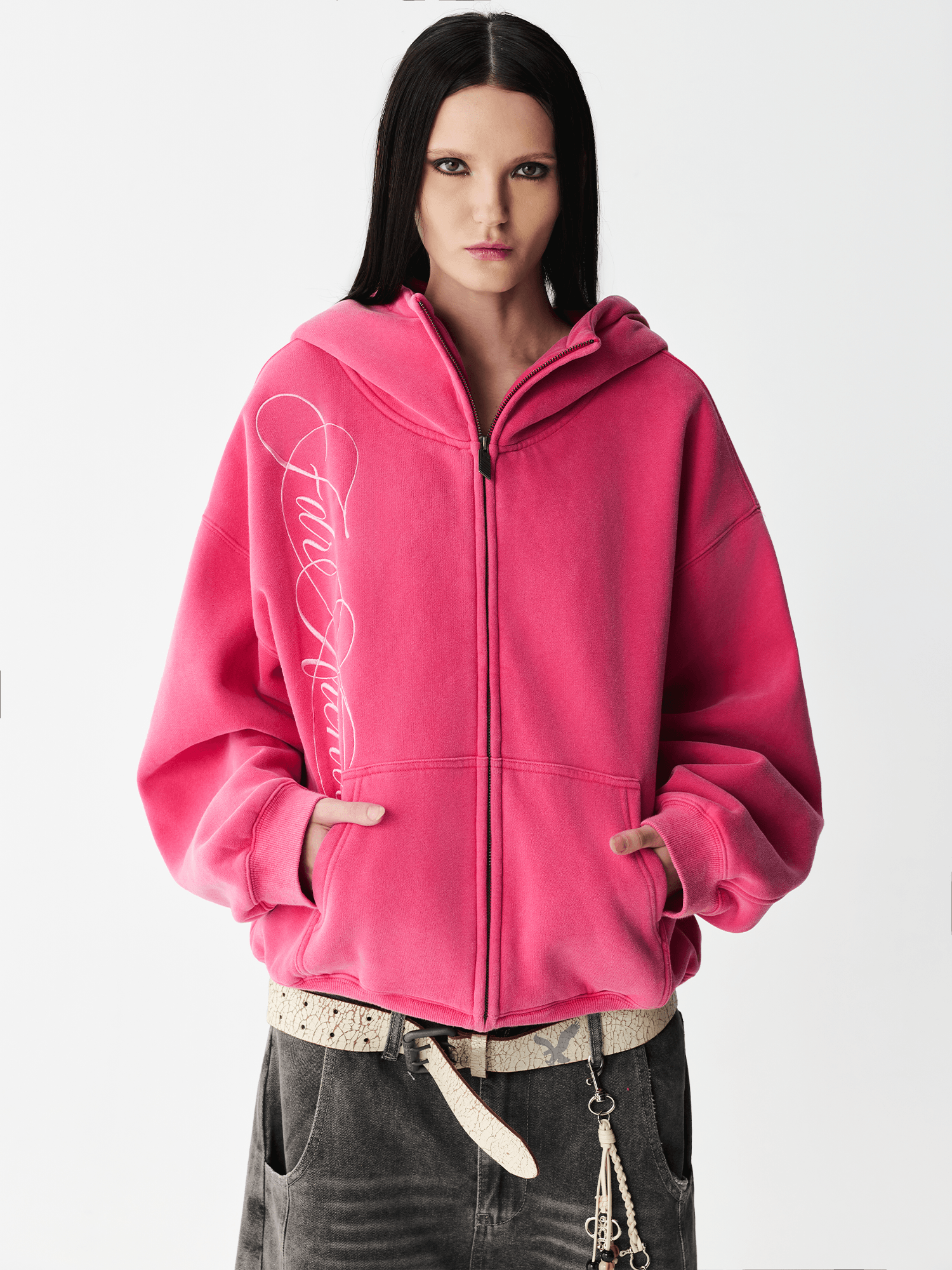 Washed Embroidery Zip Hoodie