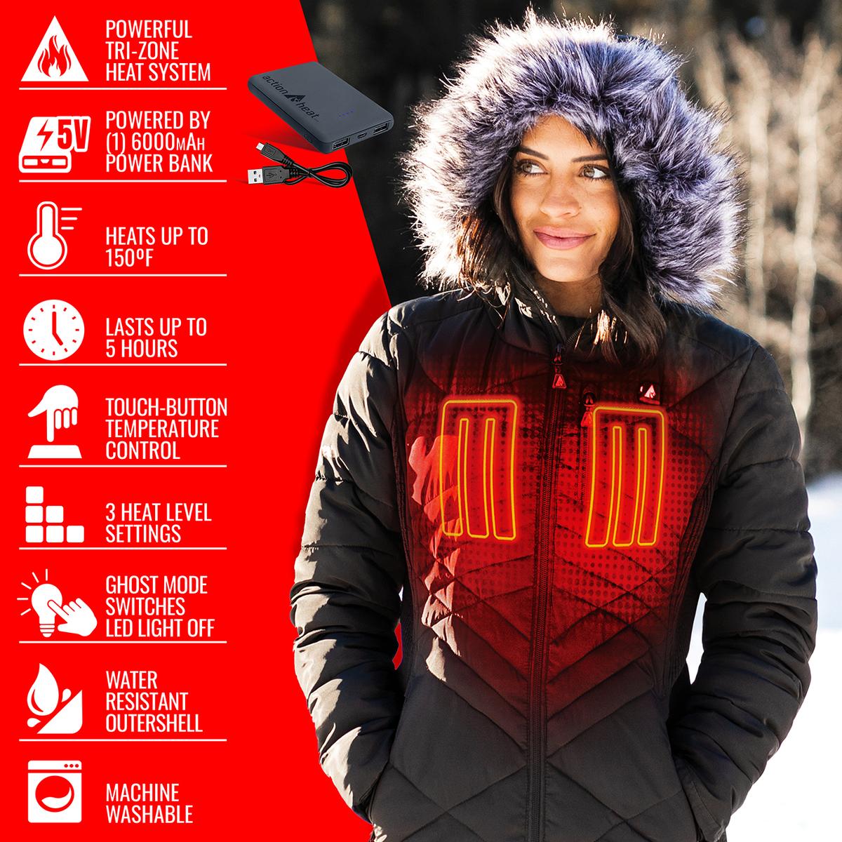 Heatrea 5V Women's Heated Long Puffer Jacket W/ Hood