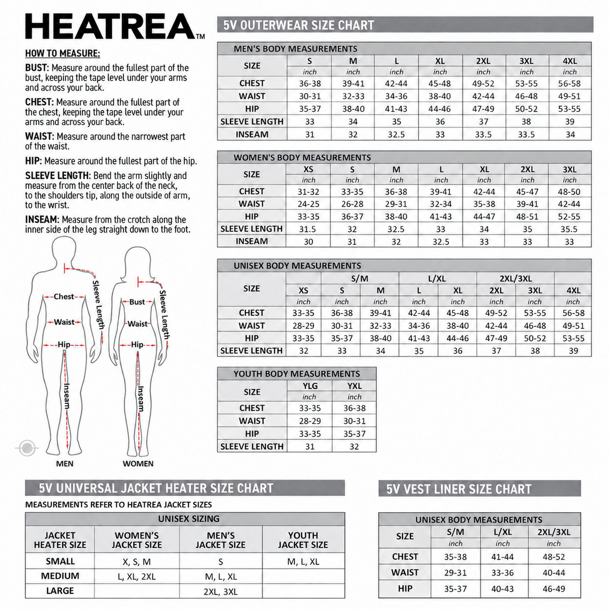 Heatrea 5V outerwear size chart