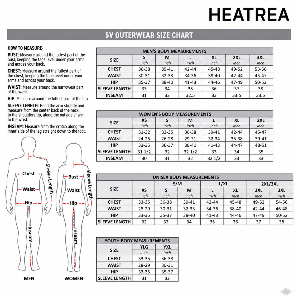 Heatrea 5V outerwear size chart