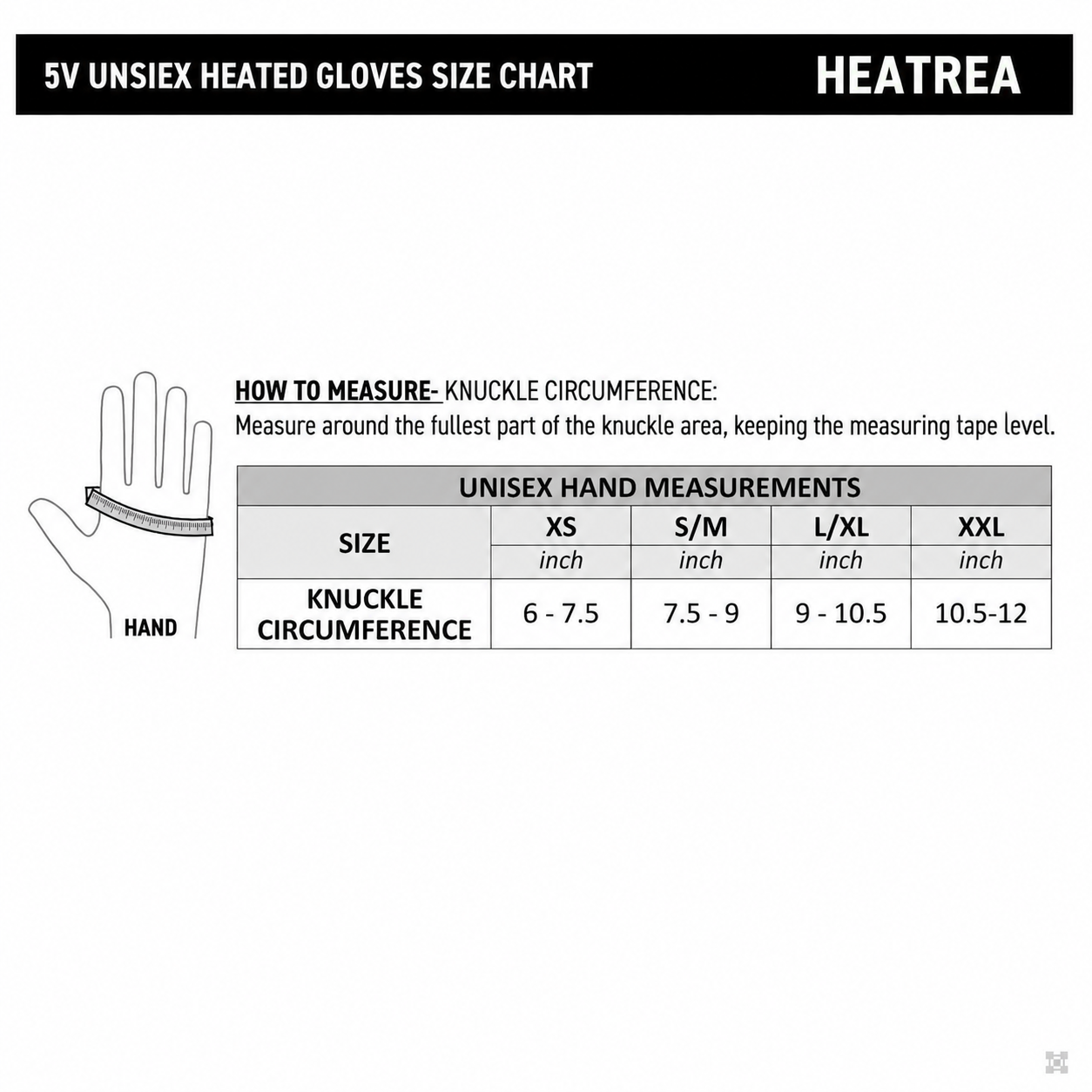 Heatrea unisex heated glove size chart