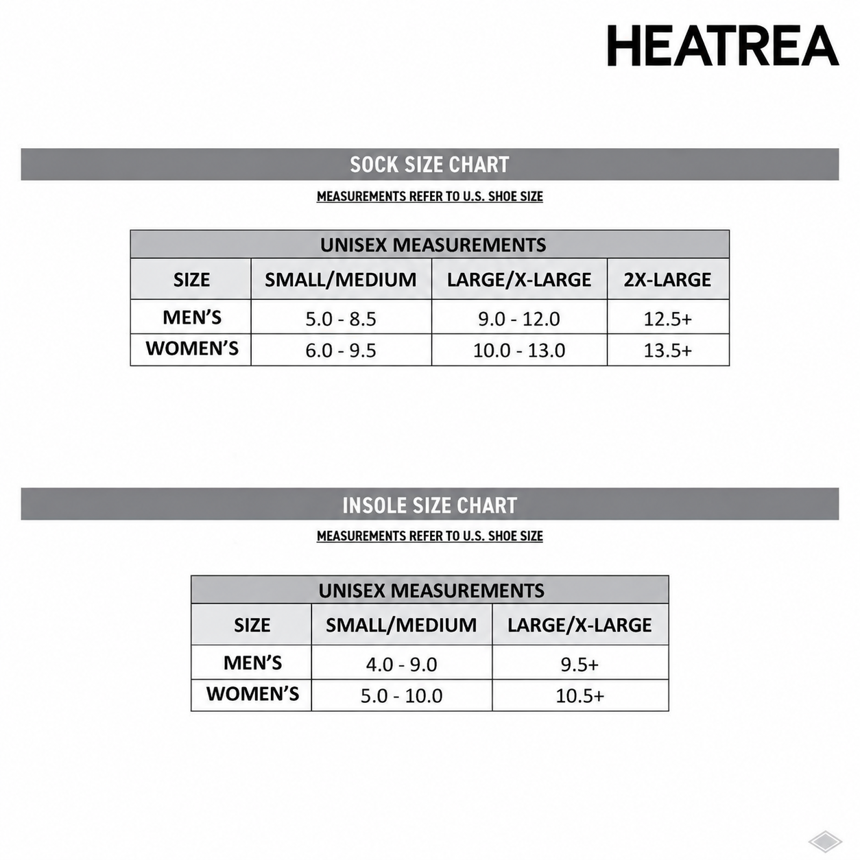 Heatrea sock and insole size chart