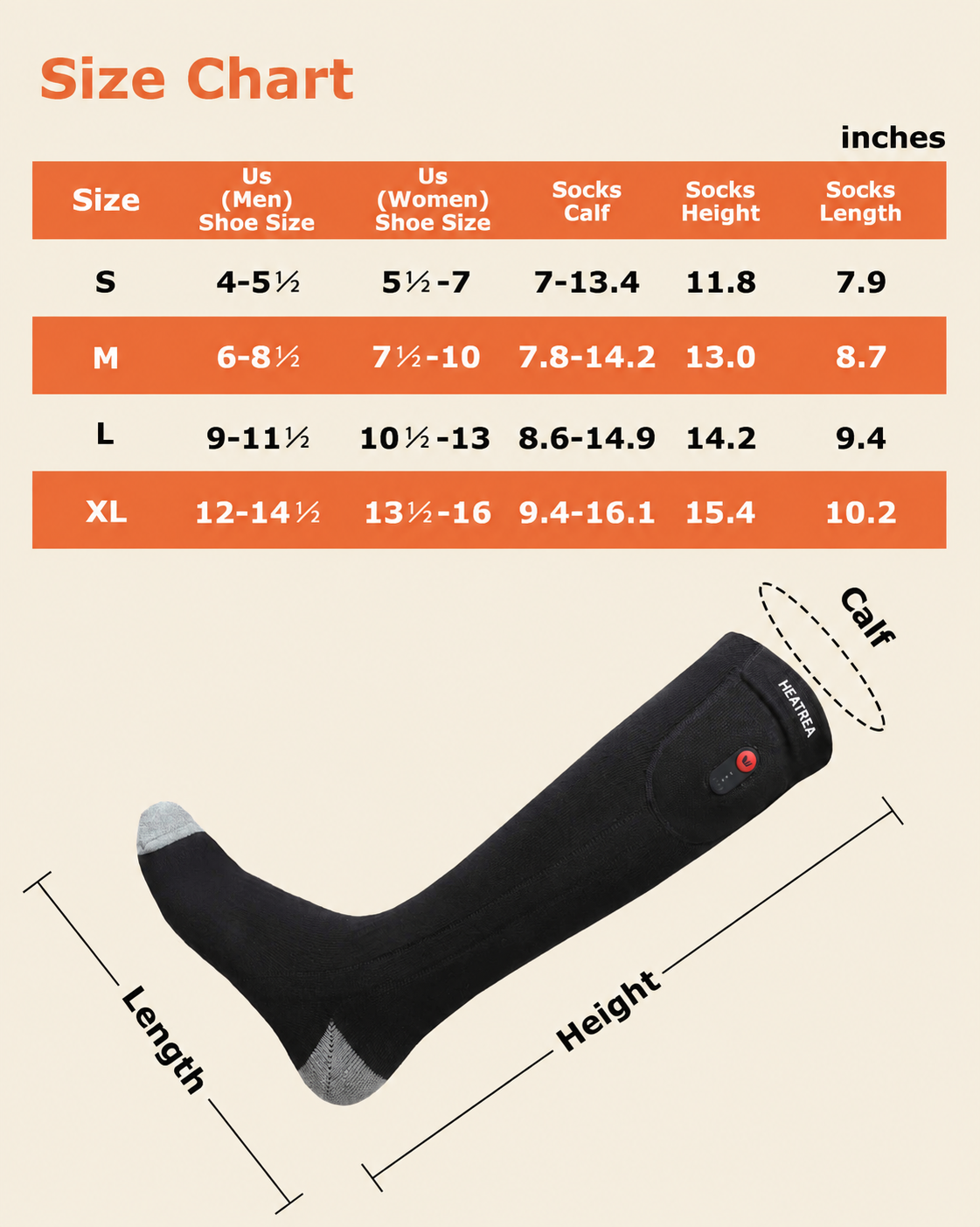 Heatrea heated sock size chart