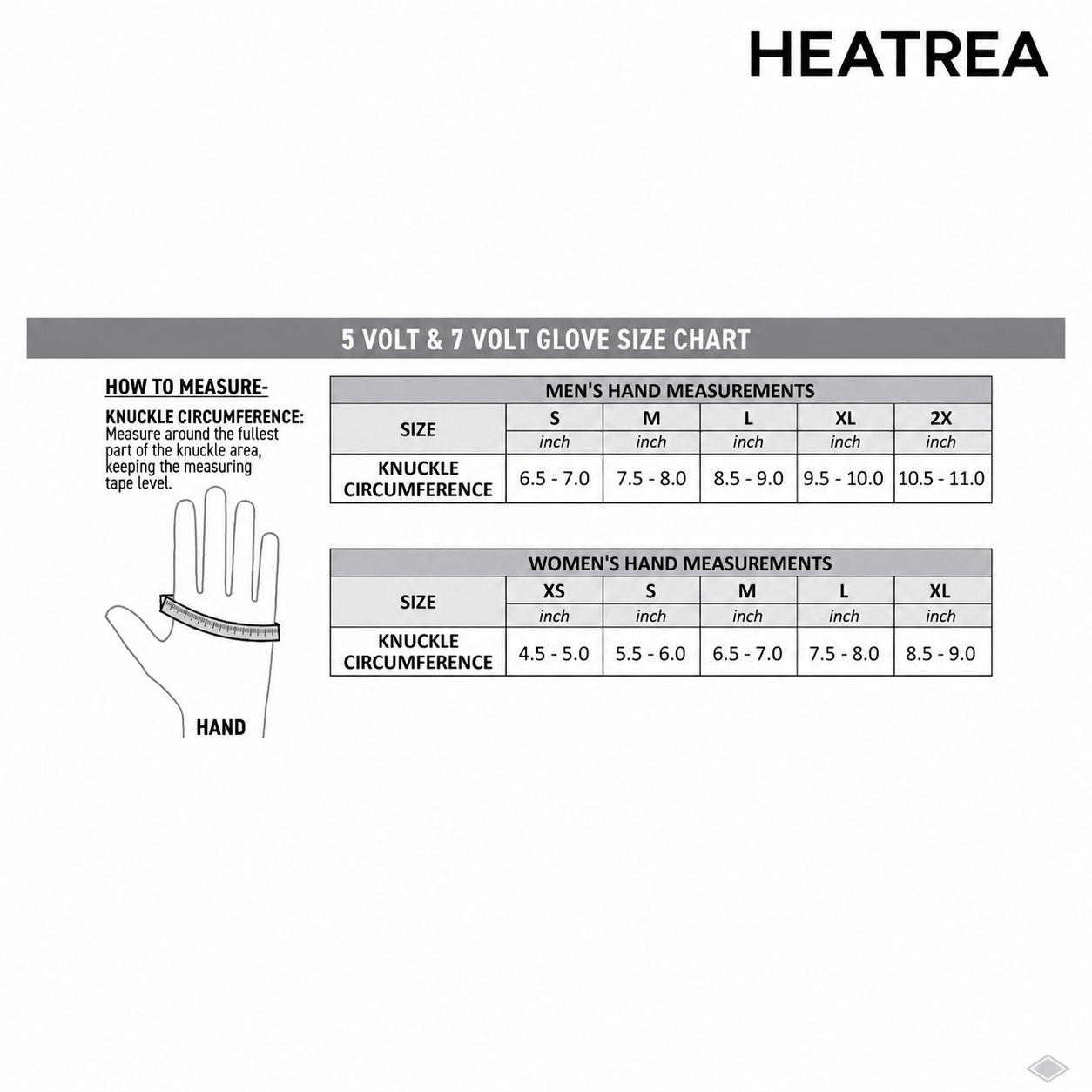 Heatrea heated glove size chart