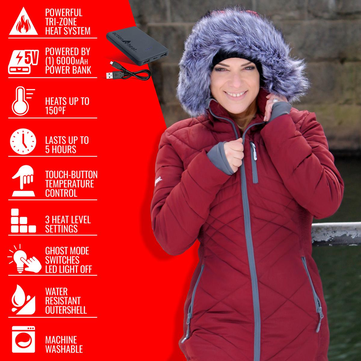Heatrea 5V Women's Heated Long Puffer Jacket W/ Hood
