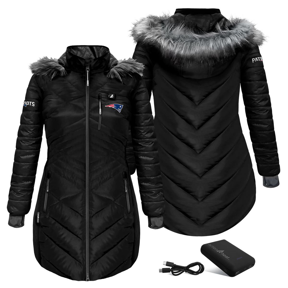 Heatrea New England Patriots 5V Women's Long Puffer Battery Heated Jacket
