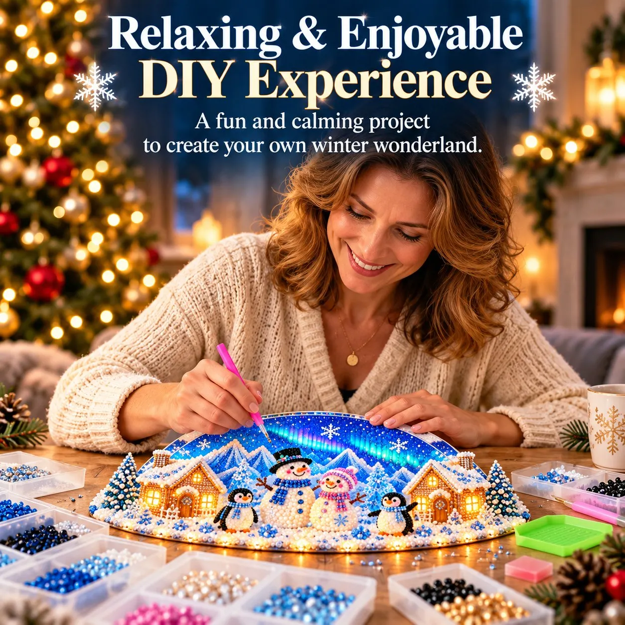 Crafting scene showing rhinestones being applied to the winter village at a table