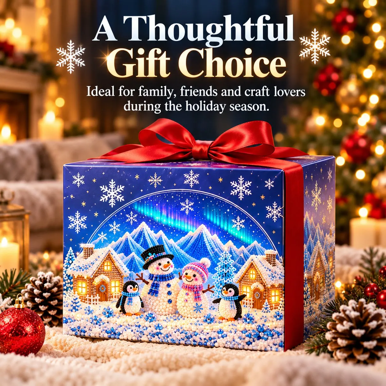 Winter village gift presentation with a blue seasonal box and red ribbon