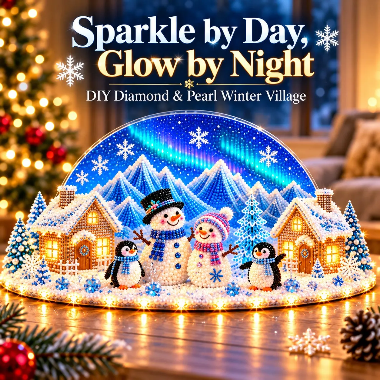 Finished DIY winter village design with snowmen, penguins, cottages, snowy mountains and warm lighting