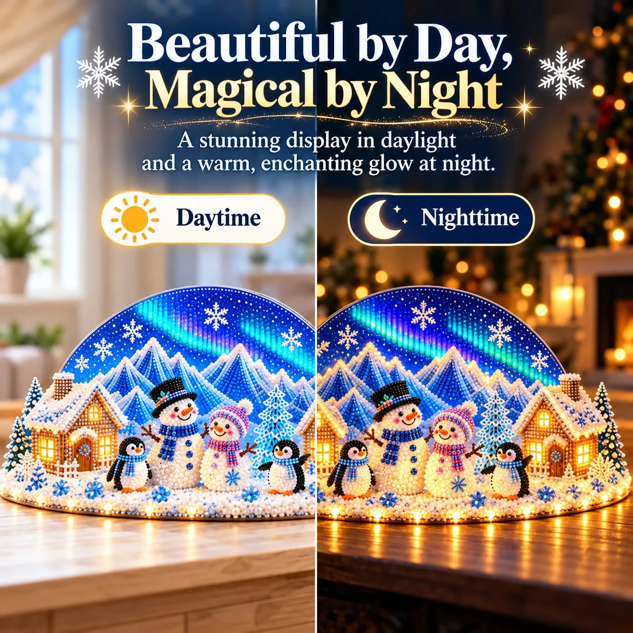Daytime and illuminated nighttime display examples of the finished winter village
