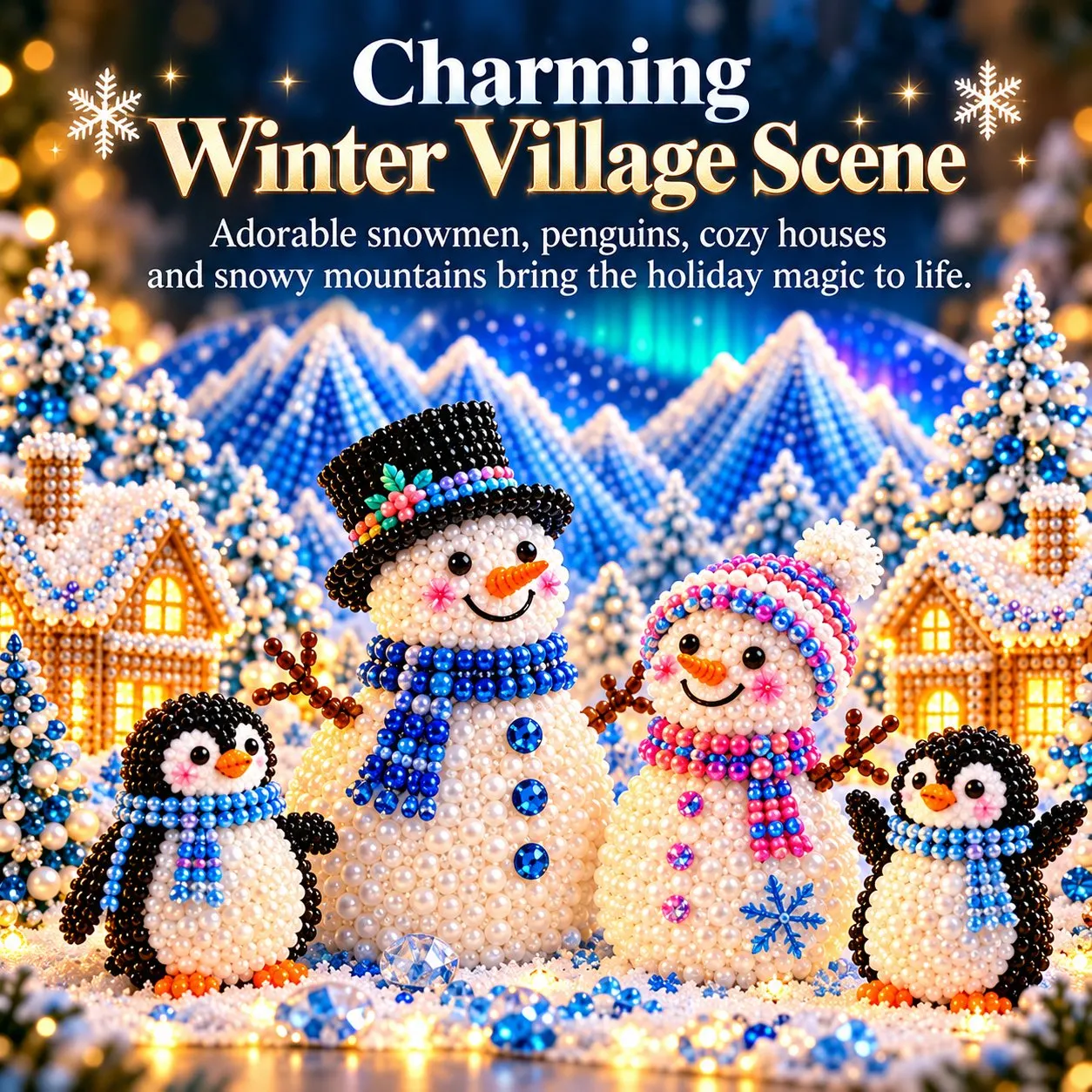 Detailed winter scene with two snowmen, penguins, cottages, fir trees and snowy mountains