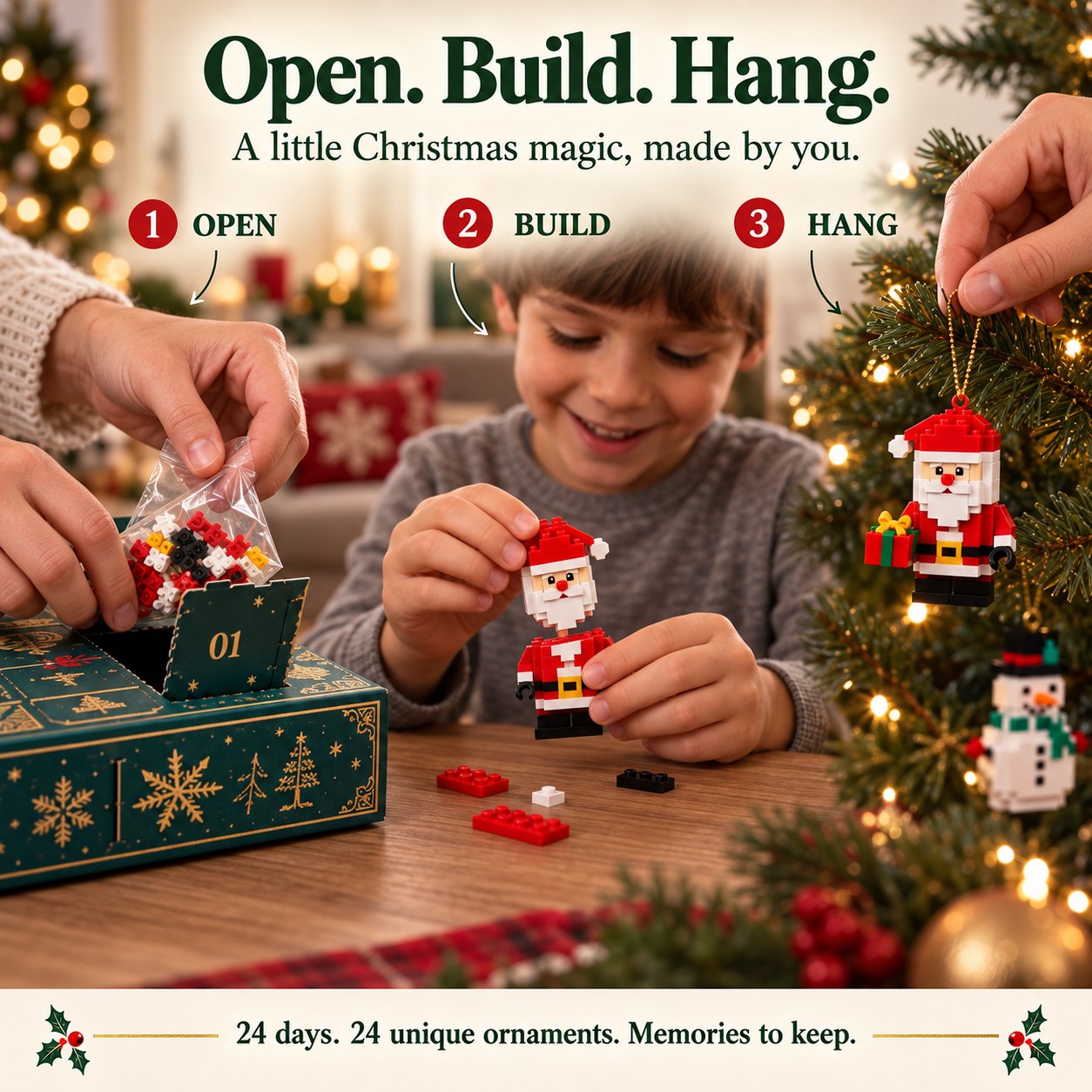 24-Day Christmas Brick Ornament Advent Calendar | DIY Buildable Holiday Countdown Toy & Tree Decor Set