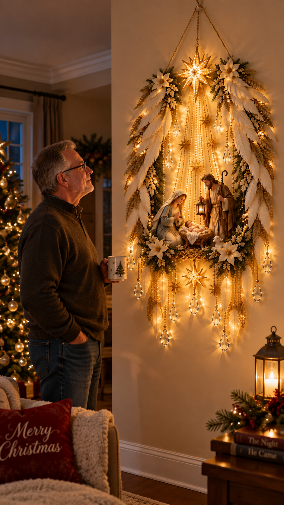 Nighttime customer-style photo of glowing Angel Wings Nativity wall decor
