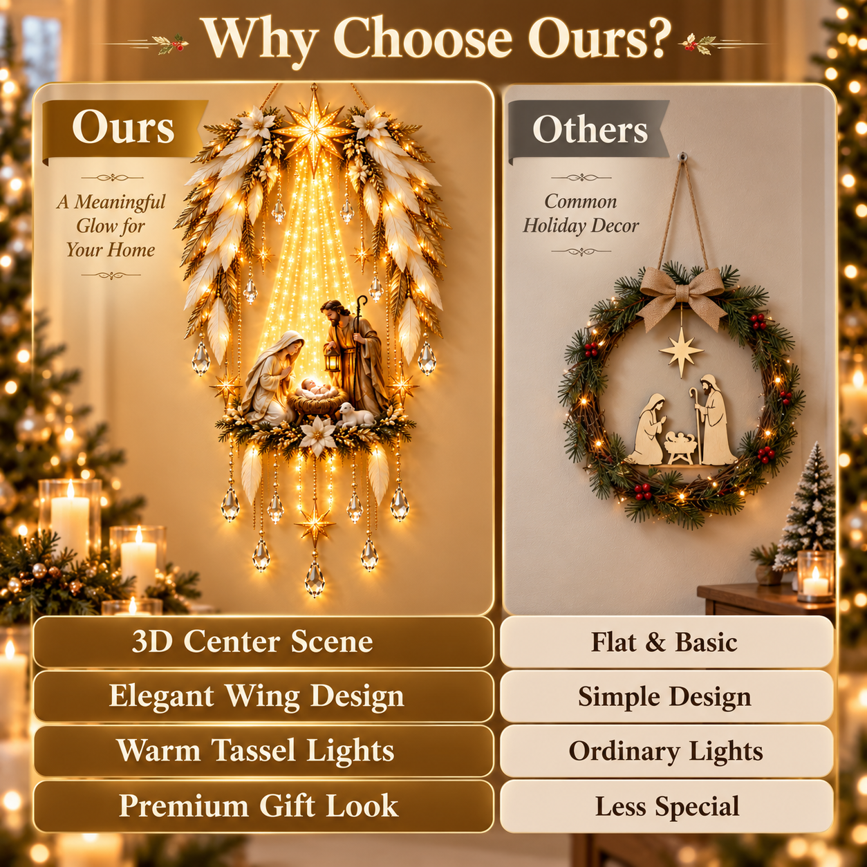 Angel Wings Nativity Light compared with ordinary Christmas wall decor