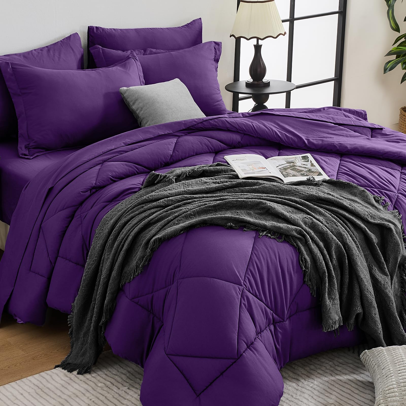 HEVUMYI 7-Piece Queen Comforter Set, Dark Grey Bed in a Bag
