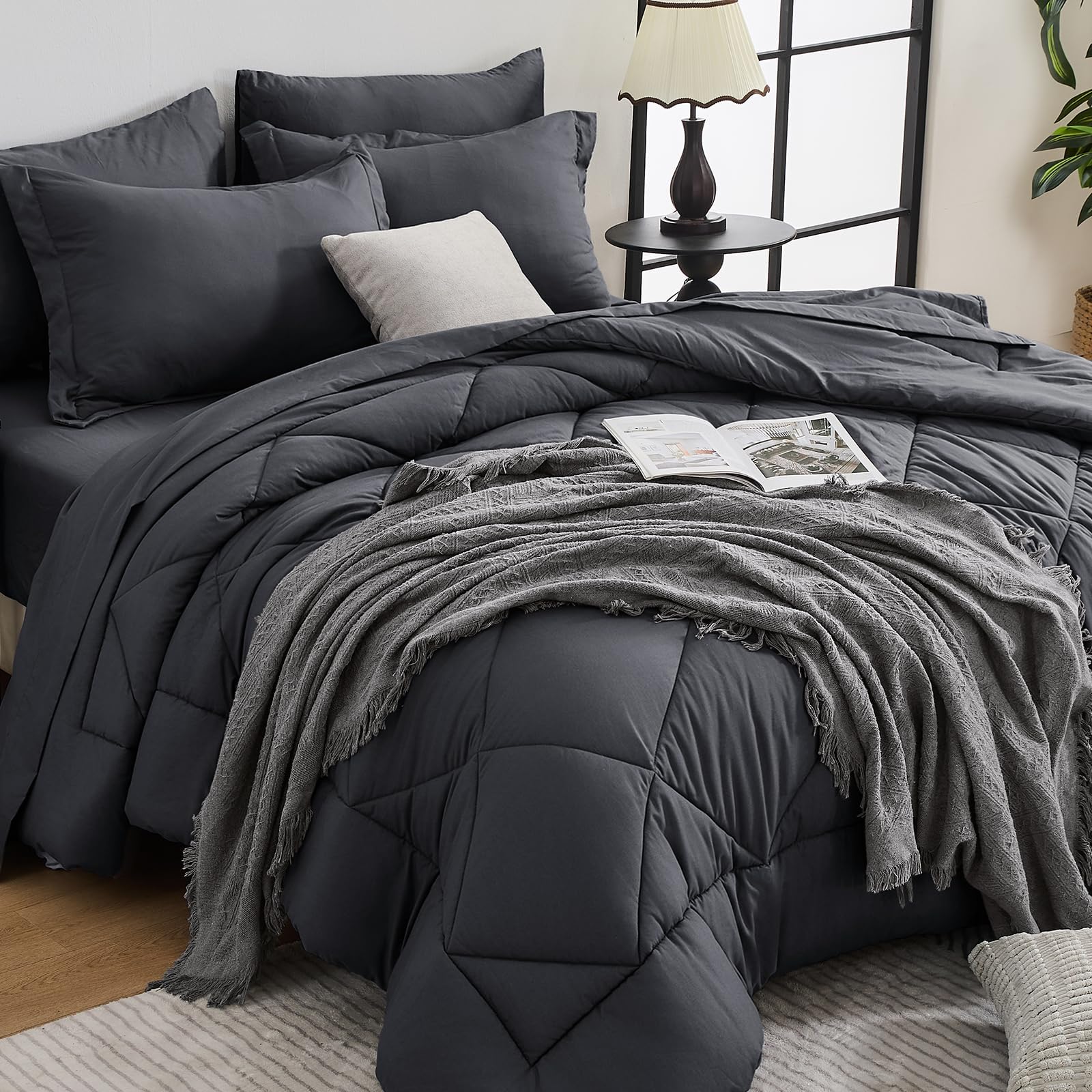 HEVUMYI 7-Piece Queen Comforter Set, Dark Grey Bed in a Bag