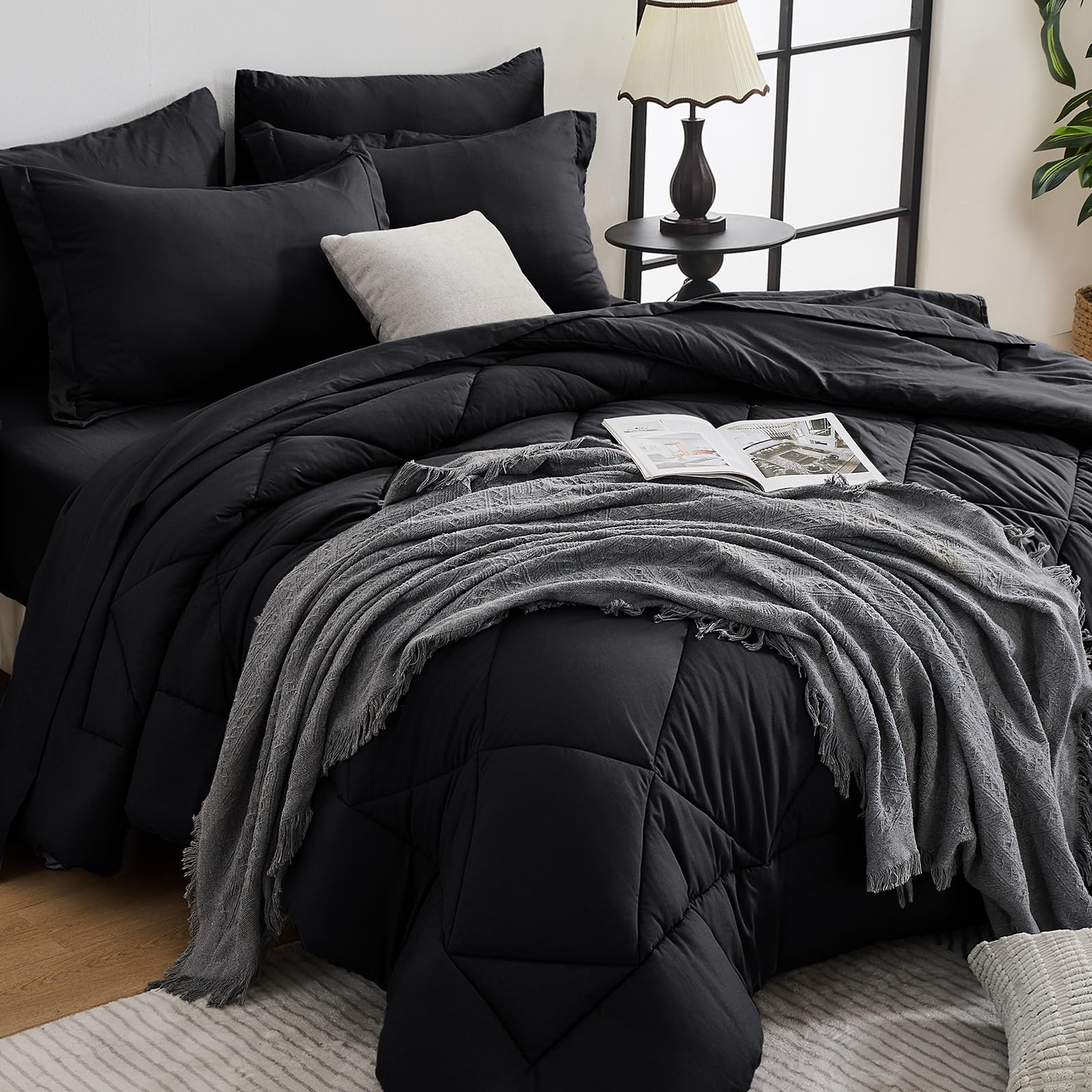 HEVUMYI 7-Piece Queen Comforter Set, Dark Grey Bed in a Bag