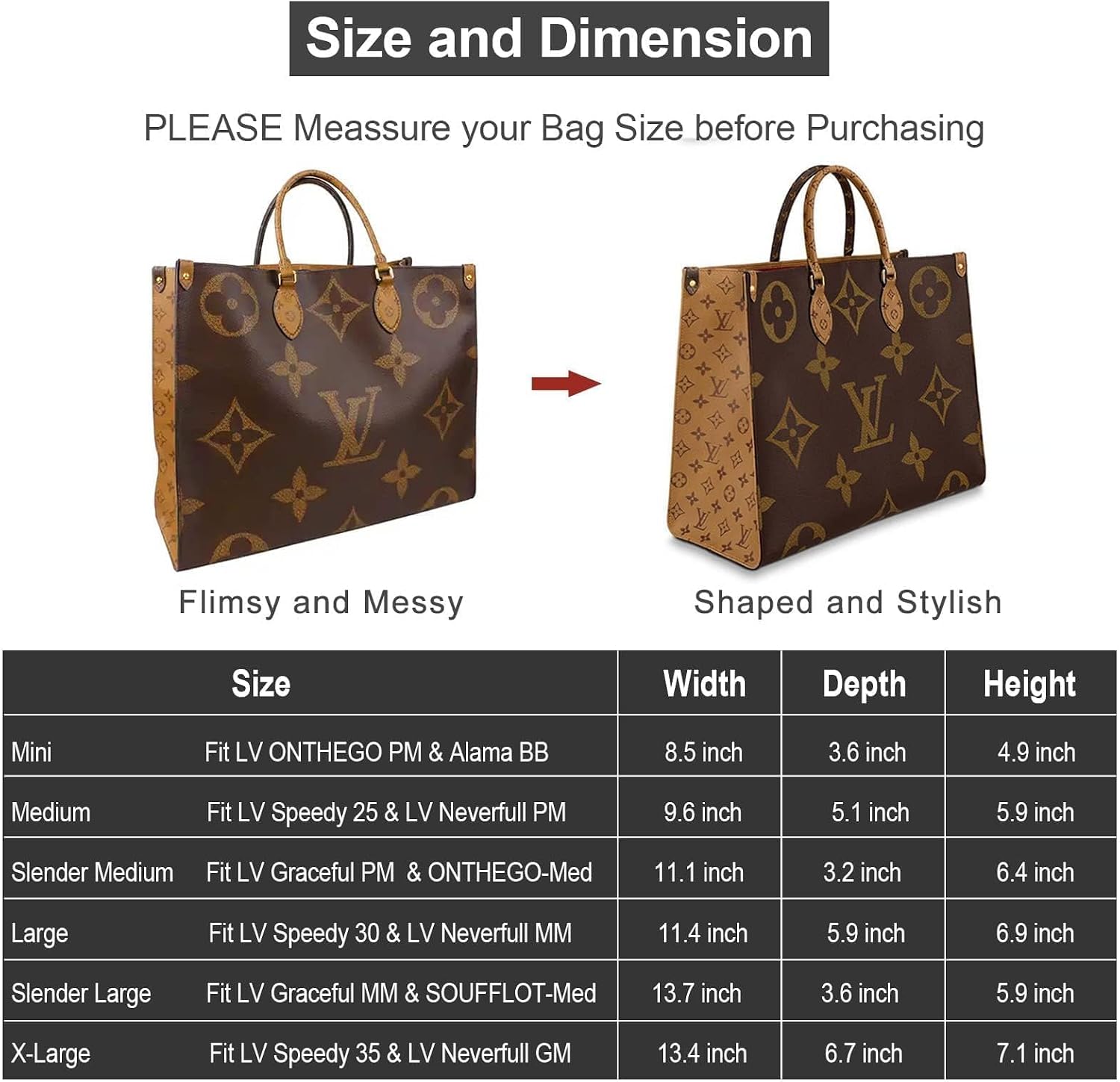 OMYSTYLE Purse Organizer Insert, Felt Tote Bag Organizer Insert with 6 Size