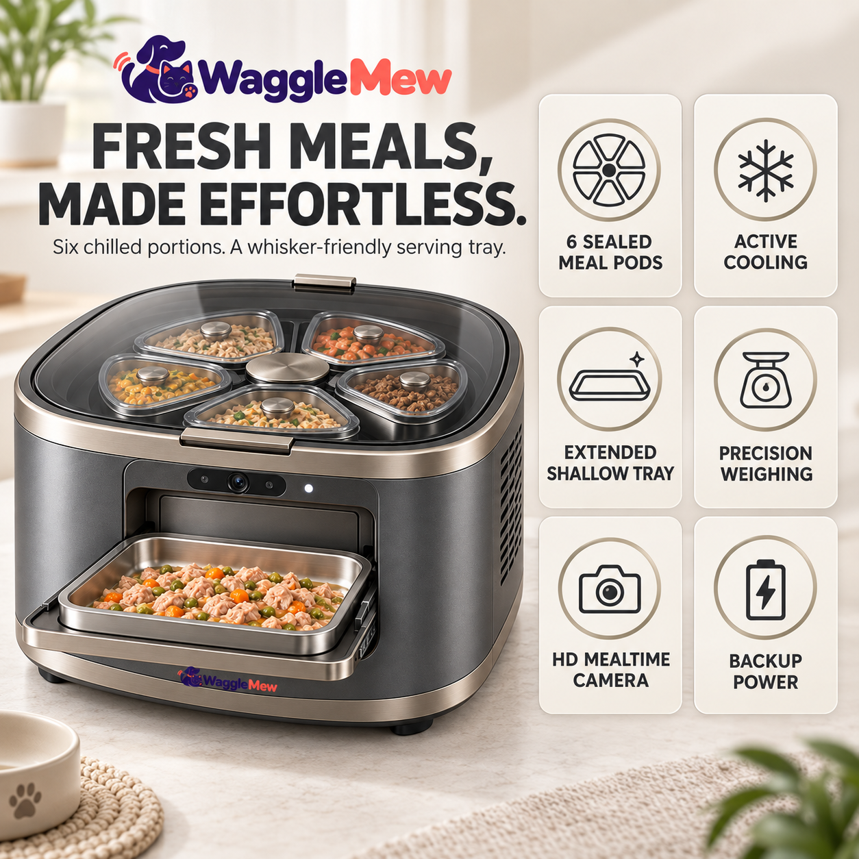 WaggleMew FreshVault Pro Refrigerated 6-Meal Smart Pet Feeder