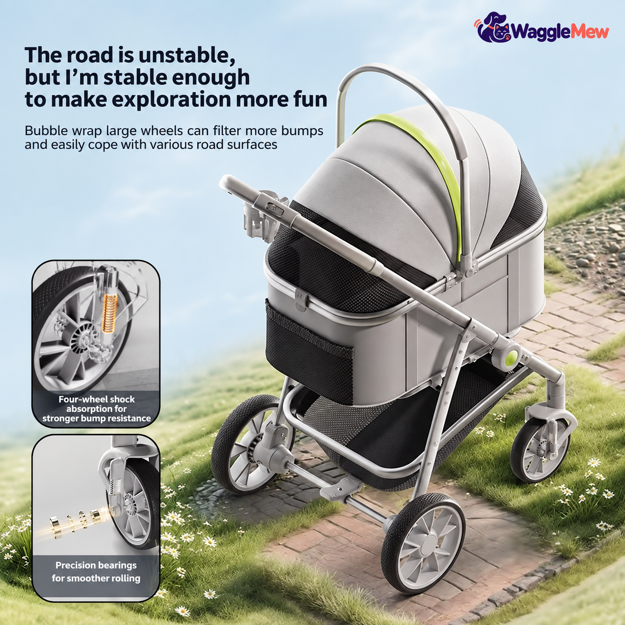 WaggleMew AeroNest Detachable 4-Wheel Pet Stroller