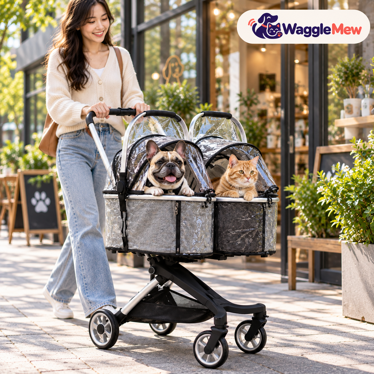 WaggleMew DuoCruise Double Pet Stroller