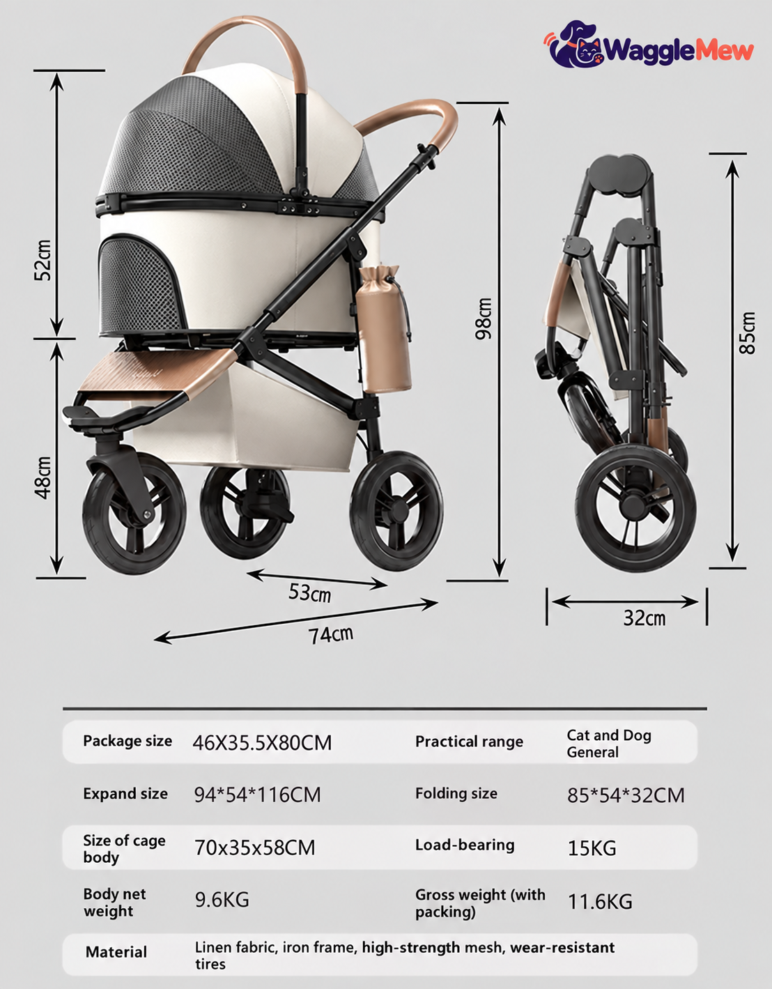 WaggleMew FlexCarry Convertible Travel Pet Stroller