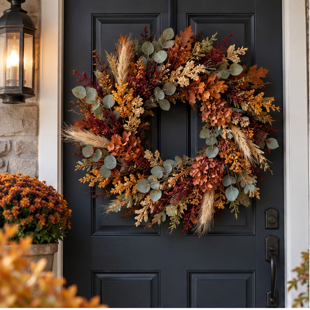 Amber Harvest Wreath made with natural dried botanicals on an American front door