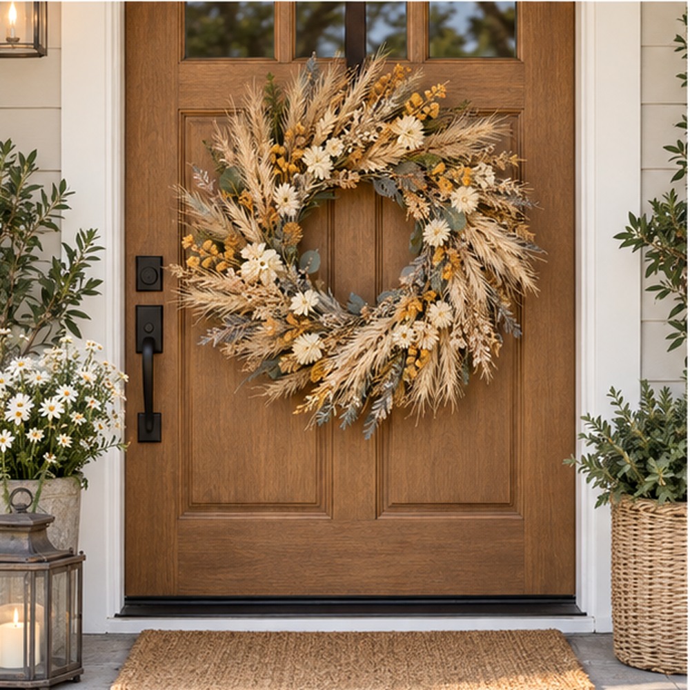 Anniversary Garden Wreath made with natural dried botanicals on an American front door