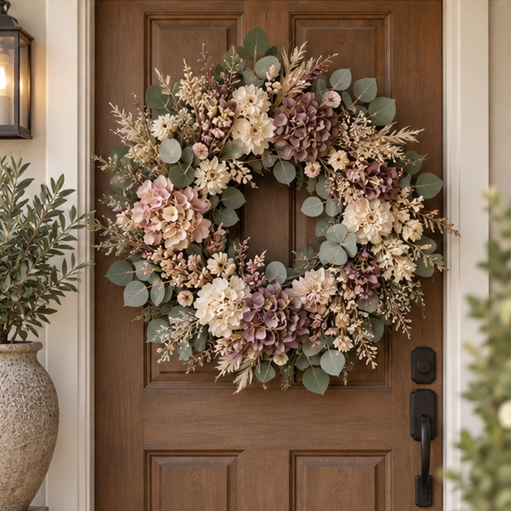 Birthday Wildflower Wreath made with natural dried botanicals on an American front door