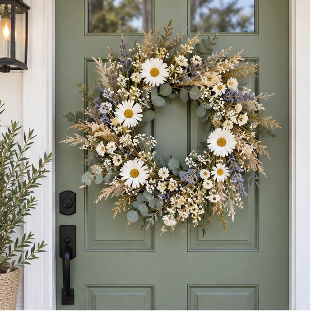 Bluebell Eucalyptus Wreath made with natural dried botanicals on an American front door