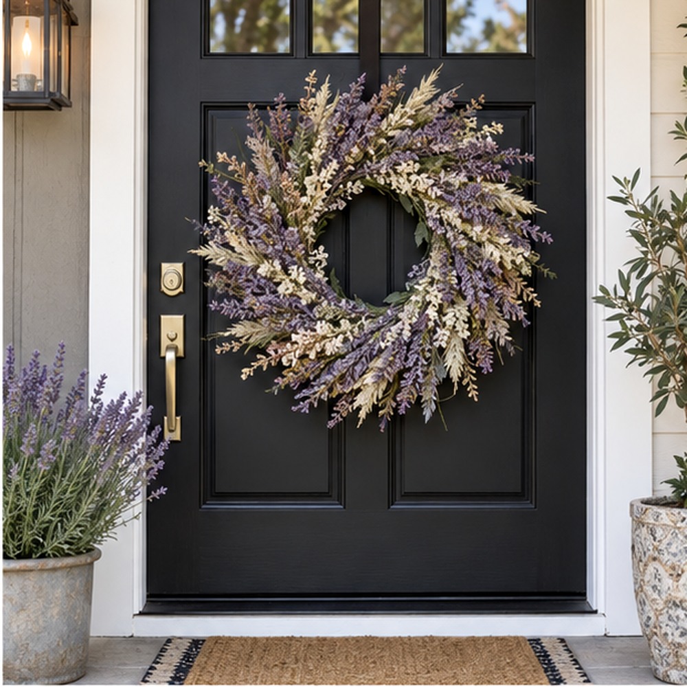 Blush Housewarming Wreath made with natural dried botanicals on an American front door