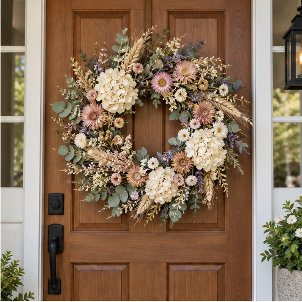 Blush Hydrangea Garden Wreath made with natural dried botanicals on an American front door