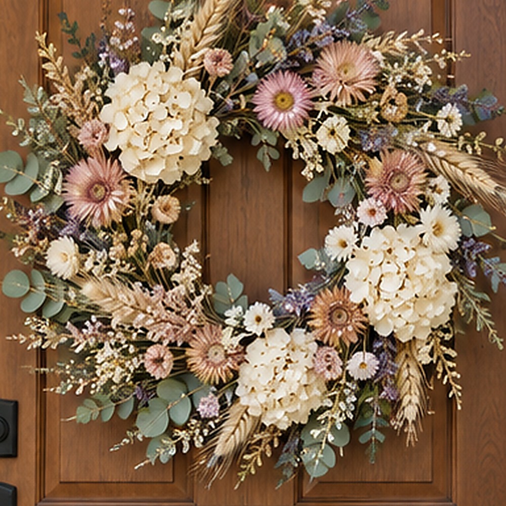 Blush Hydrangea Garden Wreath dried flower texture detail
