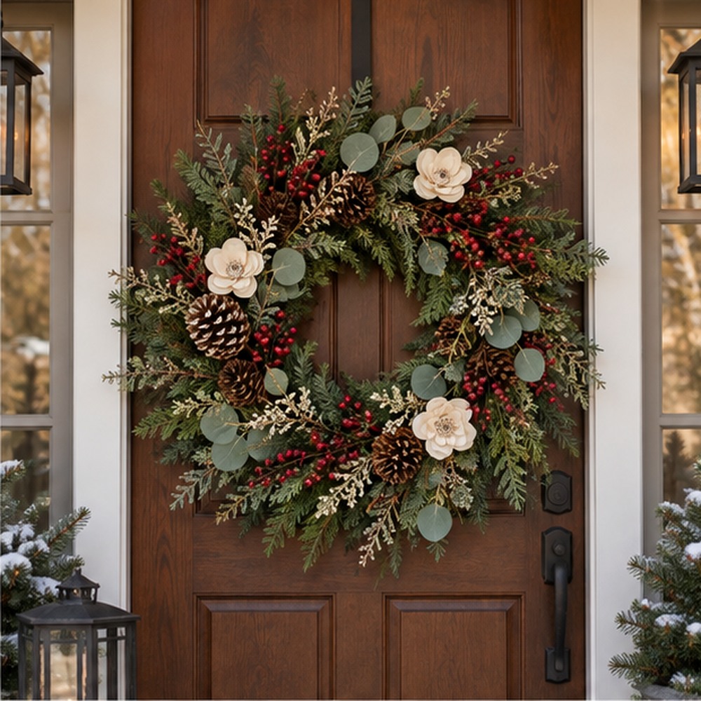 Burgundy Berry Winter Wreath made with natural dried botanicals on an American front door