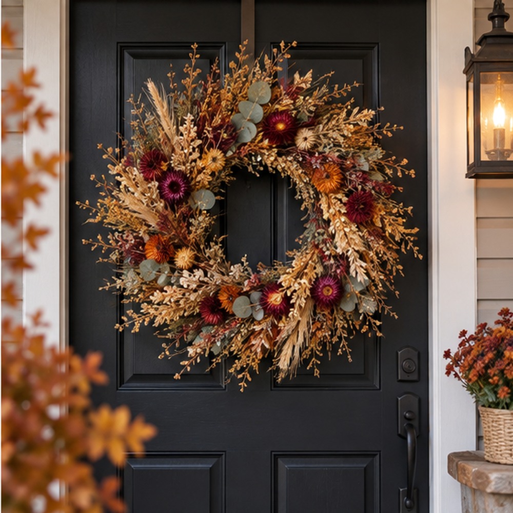 Burgundy Meadow Wreath made with natural dried botanicals on an American front door