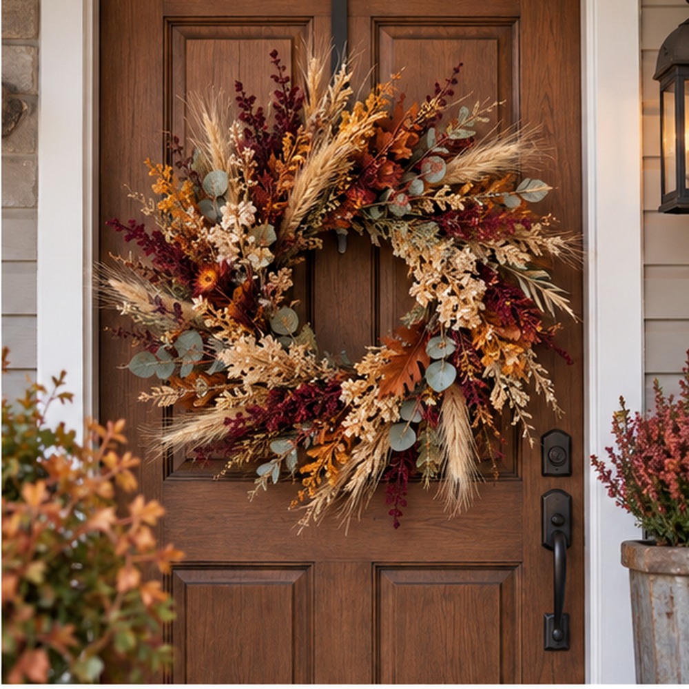 Burnt Orange Wheat Wreath made with natural dried botanicals on an American front door
