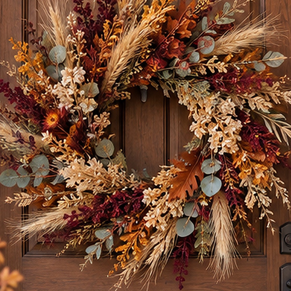 Burnt Orange Wheat Wreath dried flower texture detail