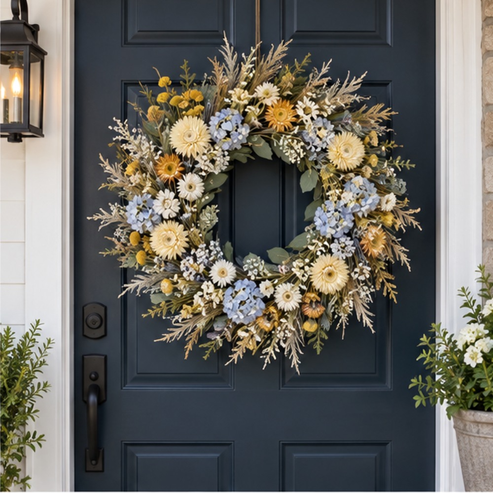 Buttercup Prairie Wreath made with natural dried botanicals on an American front door