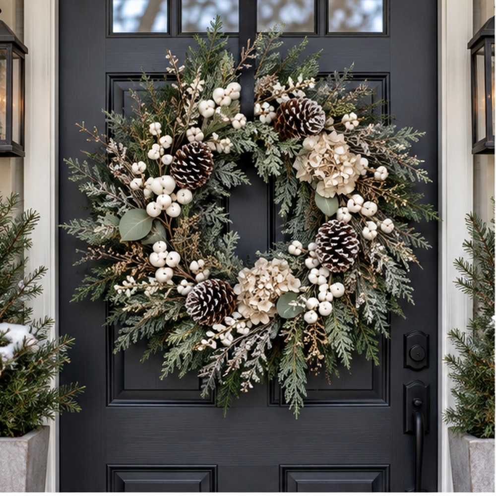 Champagne Winter Meadow Wreath made with natural dried botanicals on an American front door