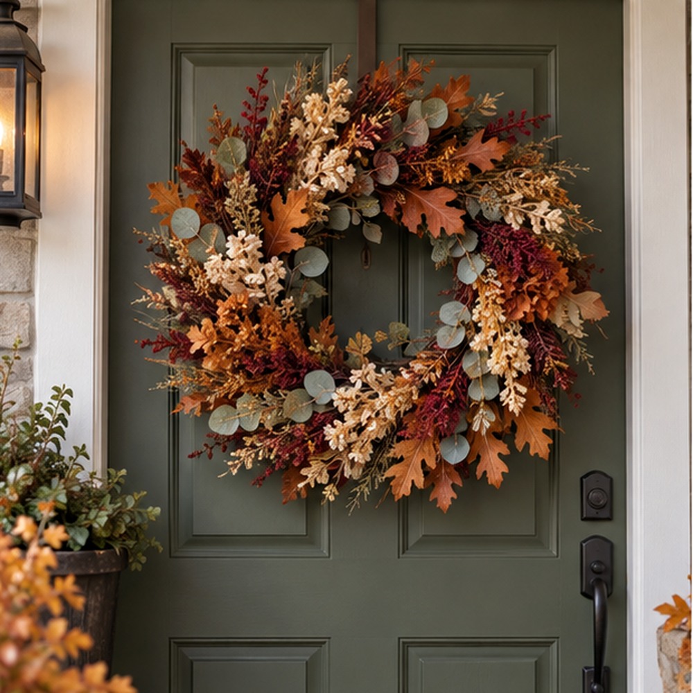 Copper Oak Door Wreath made with natural dried botanicals on an American front door