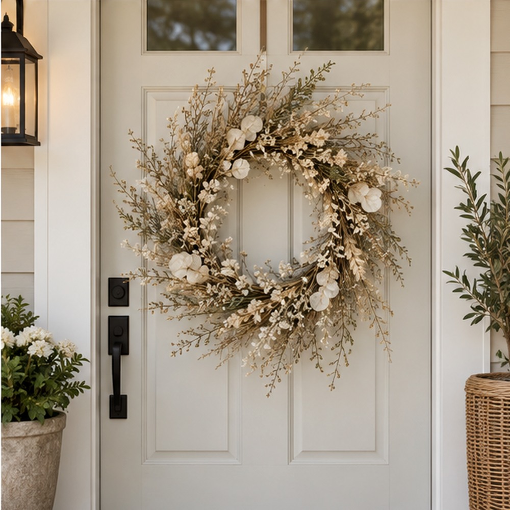 Cream Bunny Tail Wreath made with natural dried botanicals on an American front door