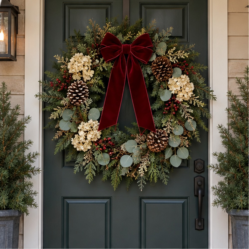 Evergreen Ivory Holiday Wreath made with natural dried botanicals on an American front door